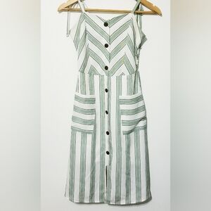 Monteau Olive White Chevron Stripe Shoulder Tie Midi Dress Size S Cottagecore